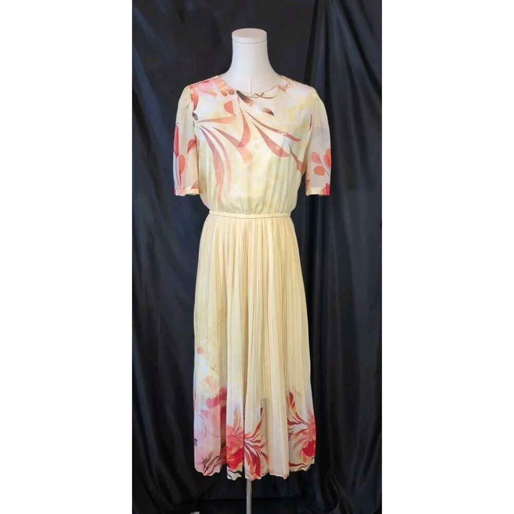 Hanae Mori Japan Vintage Yellow Red Floral Midi Dress Small